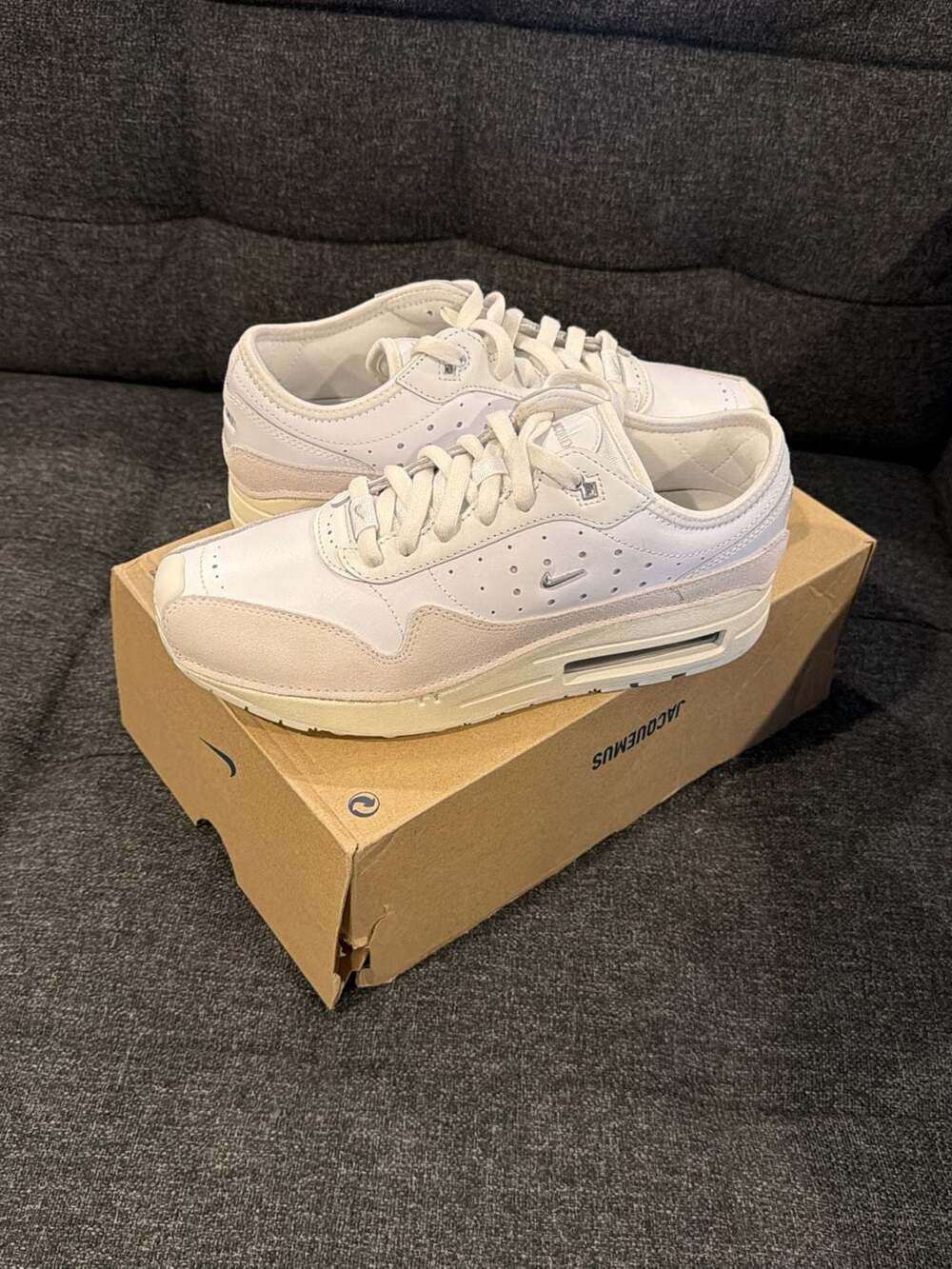 9.5W /8M - Jacquemus x Nike Air Max 1 SP Summit White Metallic Silver No Box Top